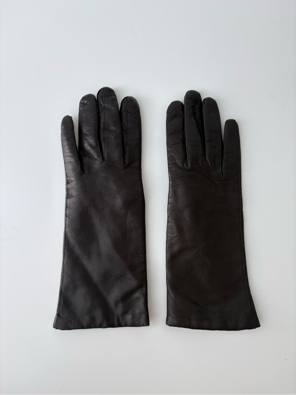 Vintage Dark Brown Leather Gloves with Beige Knit Cuffs